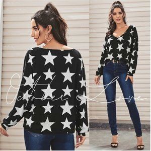 🎉HOST PICK! Black V-Neck Top w/White Stars